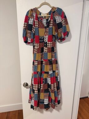 THE GREAT. Patchwork Midi Dress - Red, Blue, Mustard, Brown